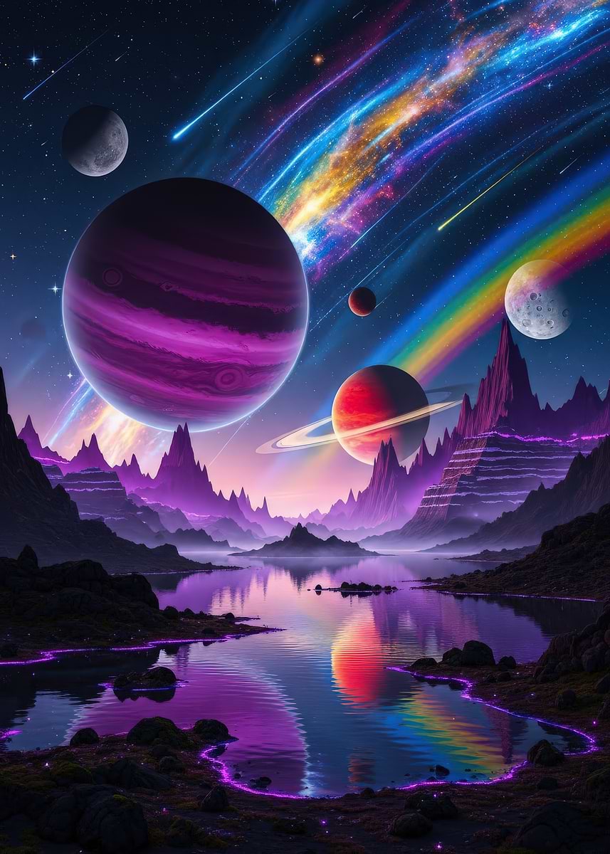 'Colorful Alien Landscape with Planets' Poster, picture, metal print ...