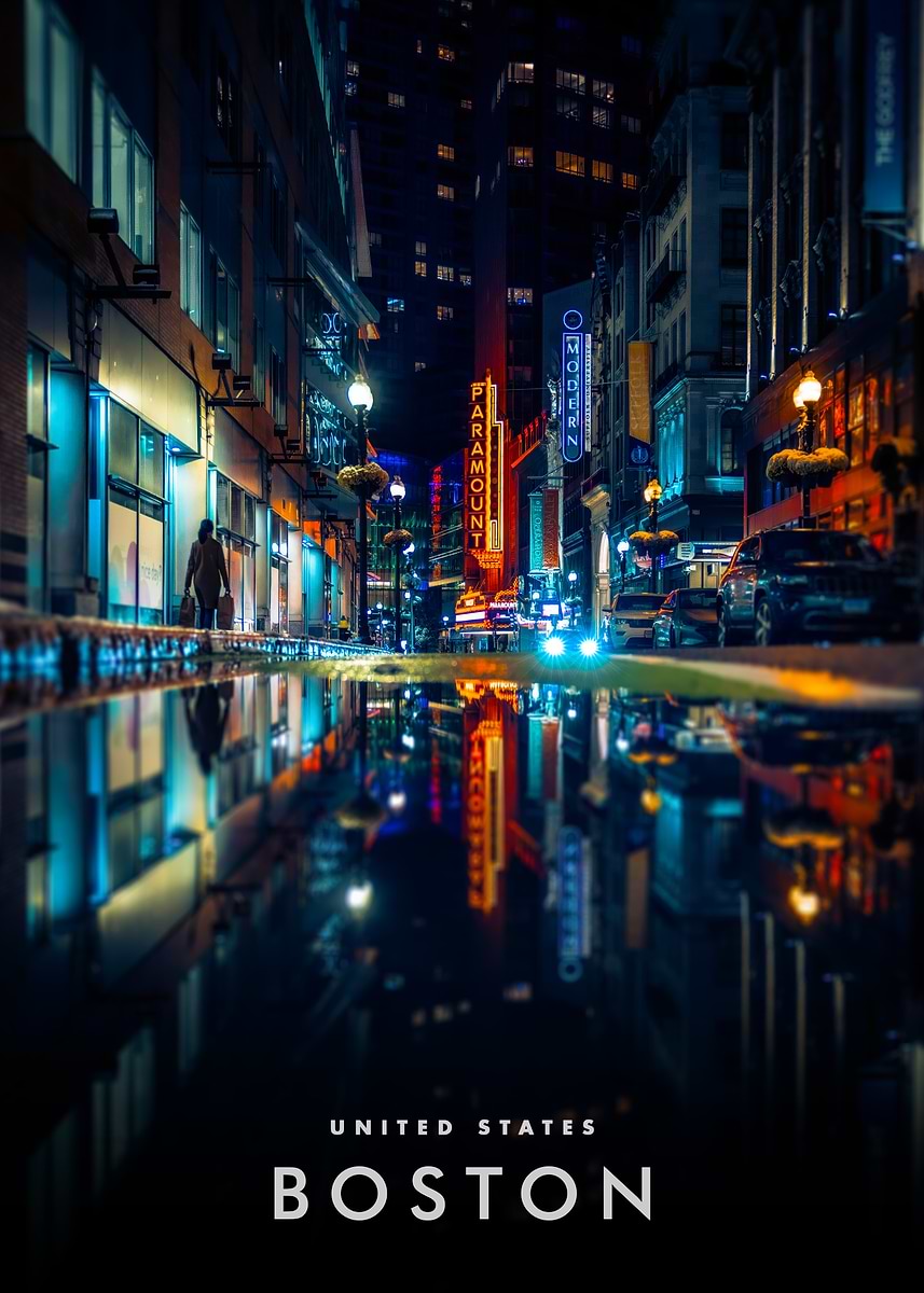 'Boston at Night Reflection' Poster, picture, metal print, paint by ...