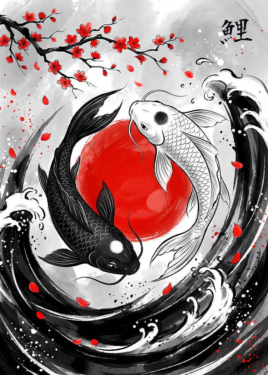 Koi Fish Yin Yang Japanese Art' Poster, picture, metal print