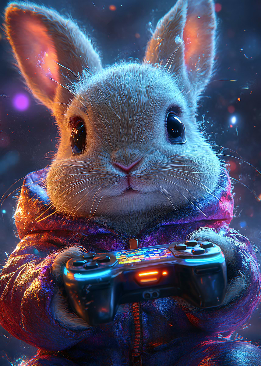 Blue Gaming Rabbit 'Gaming Bunny with Controller' Poster, picture, metal print, paint by ...