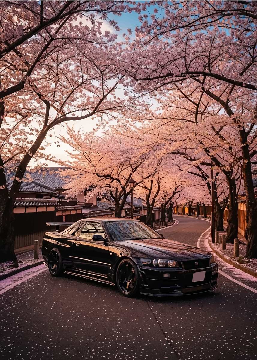 Black Car Under Cherry Blossom Trees' Poster, picture, metal print