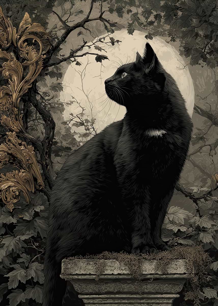 Black Cat on Pedestal with Moon' Poster, picture, metal print