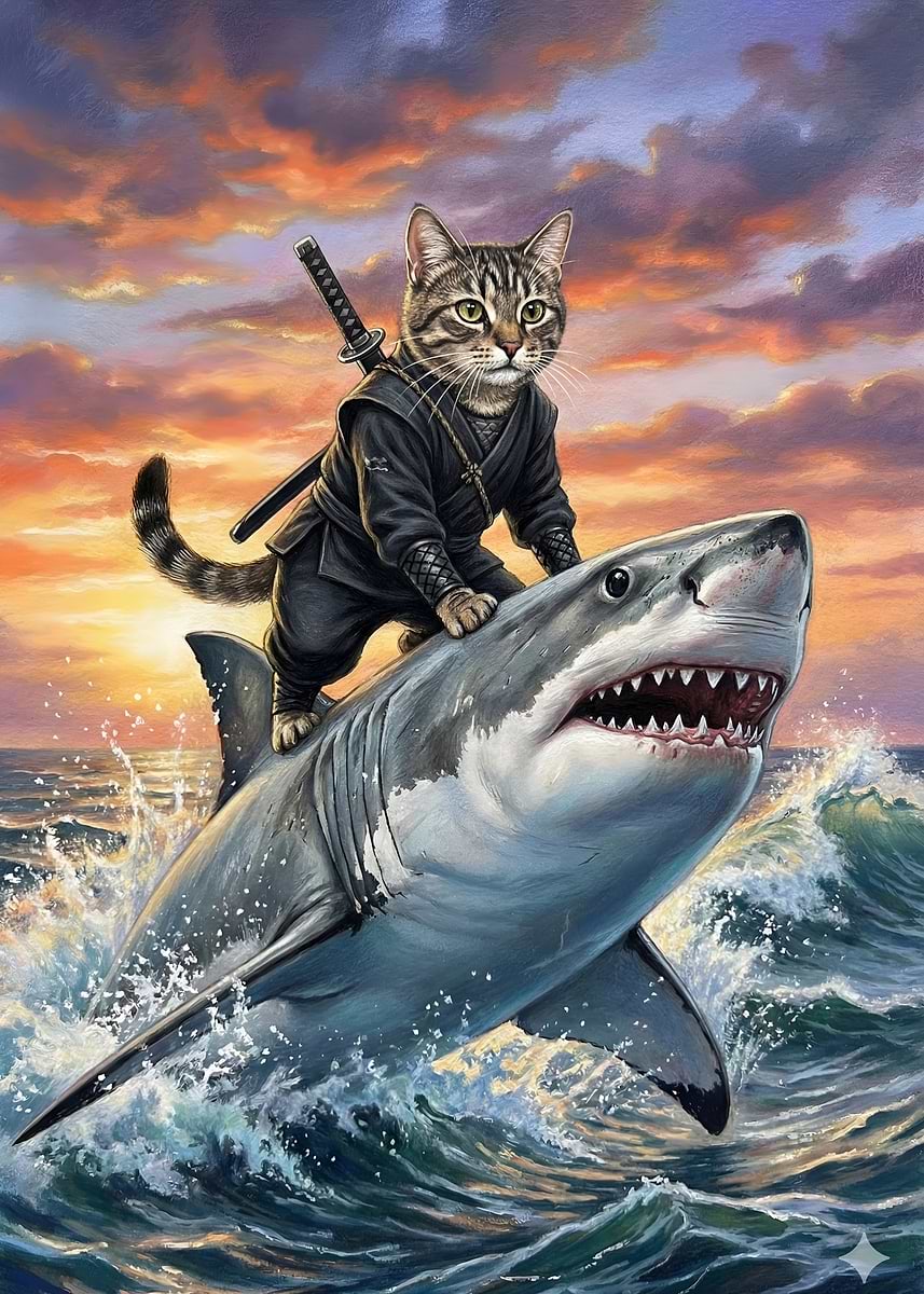 'Ninja Cat Riding Shark' Poster, picture, metal print, paint by Tollaru ...