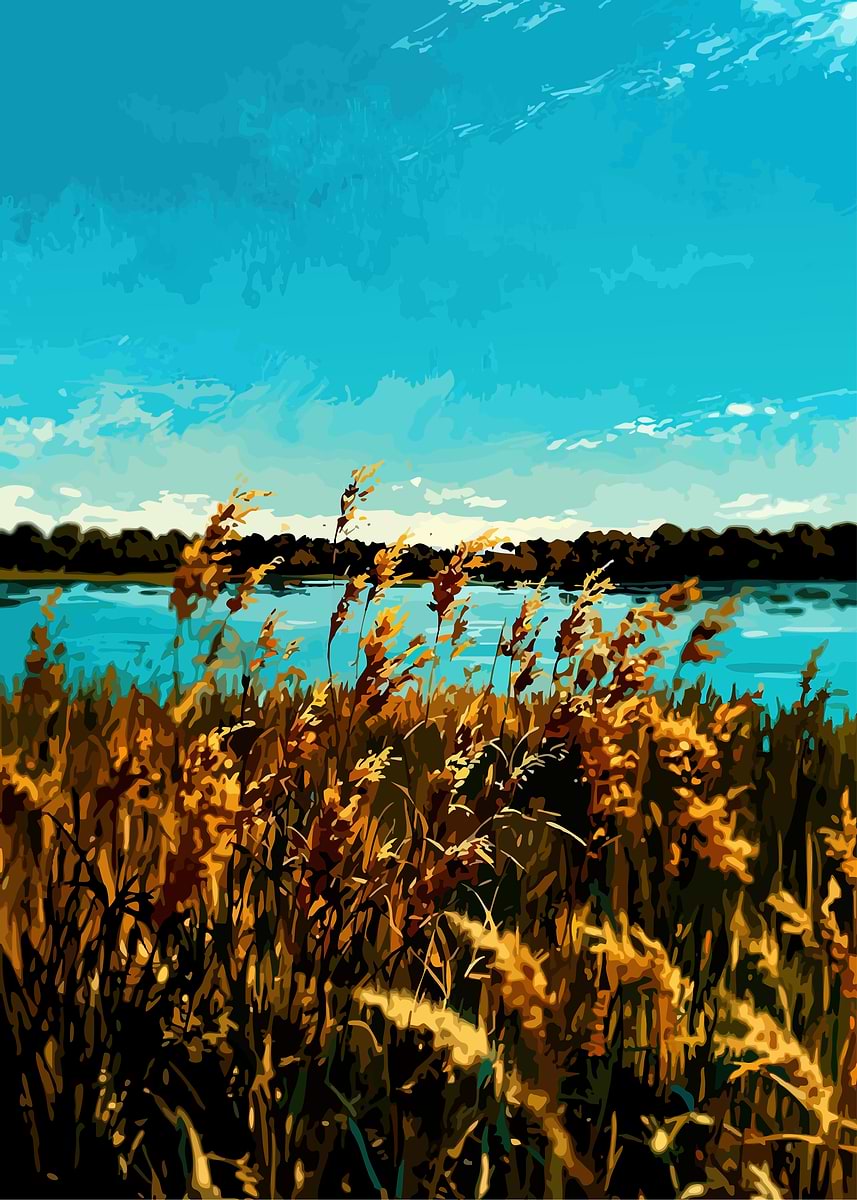 'Golden Reeds by the Lake' Poster, picture, metal print, paint by javis ...