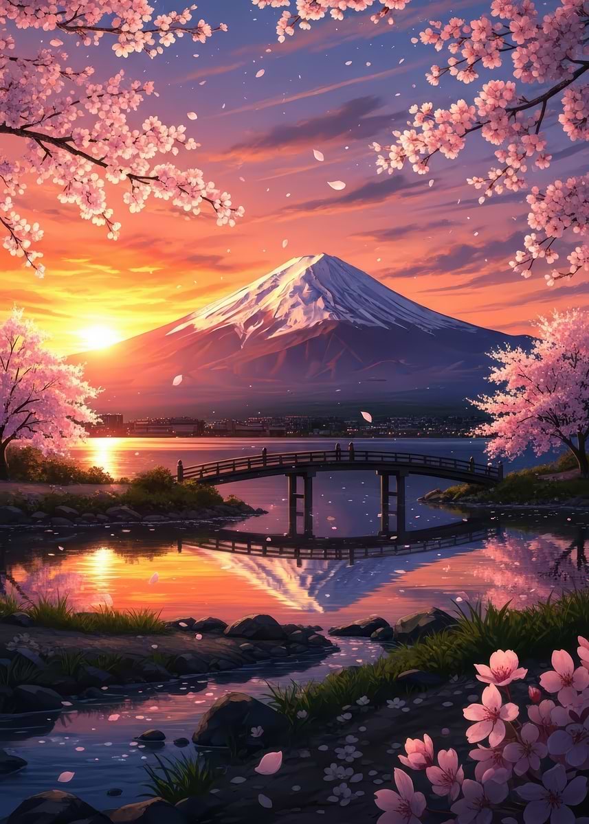 OC/ポスター Mount Fuji Cherry Blossom Sunset' Poster, picture, metal print