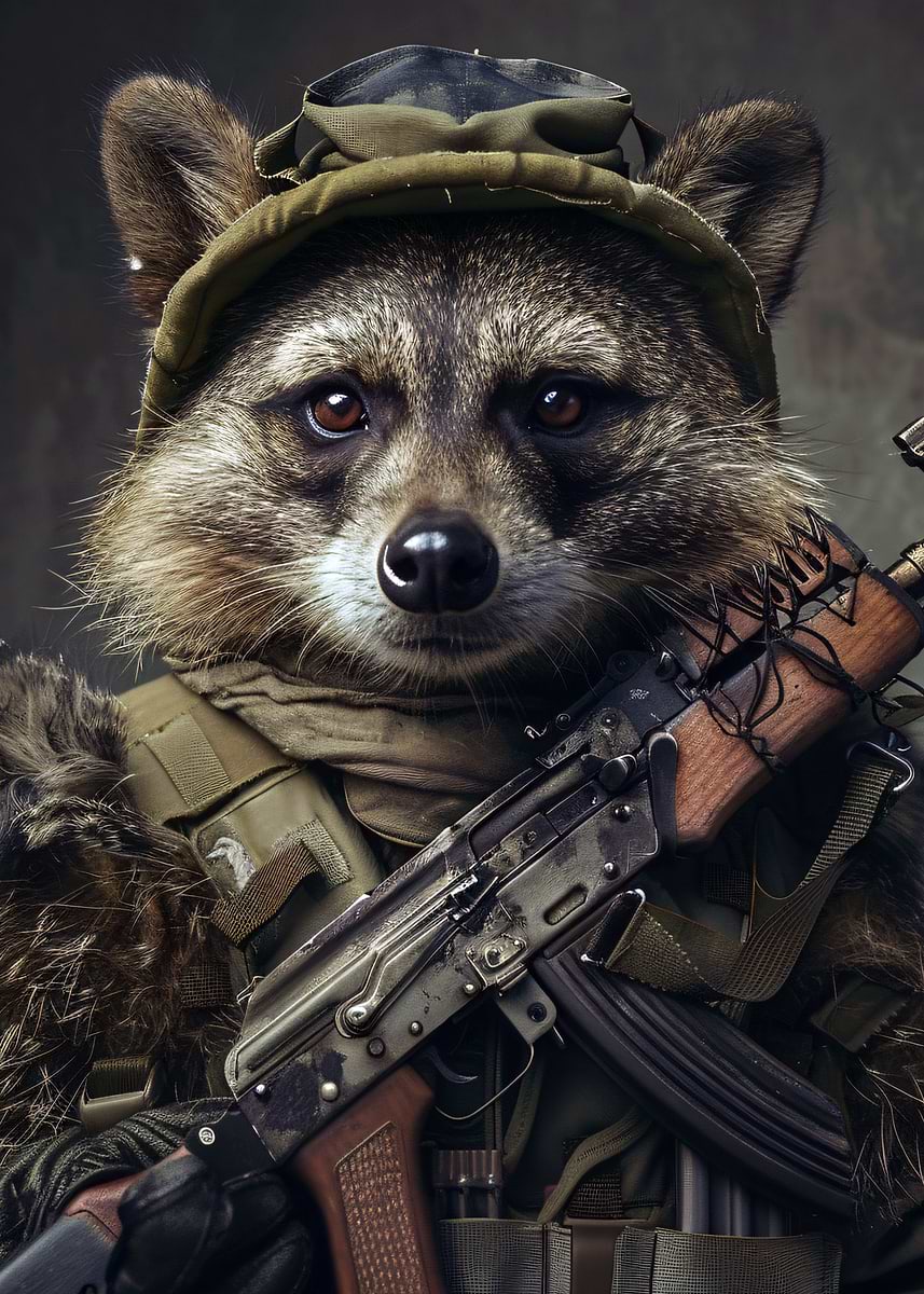 'Armed Raccoon Soldier Portrait' Poster, picture, metal print, paint by ...