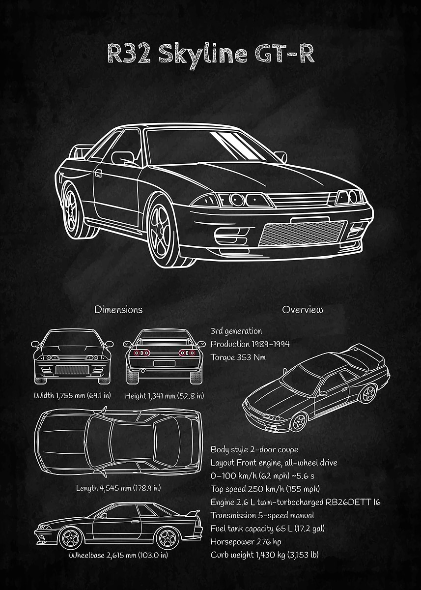 R32 Skyline GT-R Blueprint' Poster, picture, metal print, paint by
