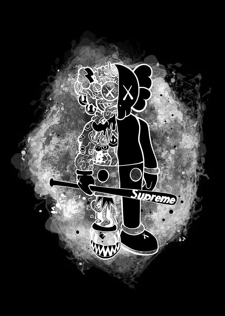 Kaws Supreme Black and White Art' Poster, picture, metal print