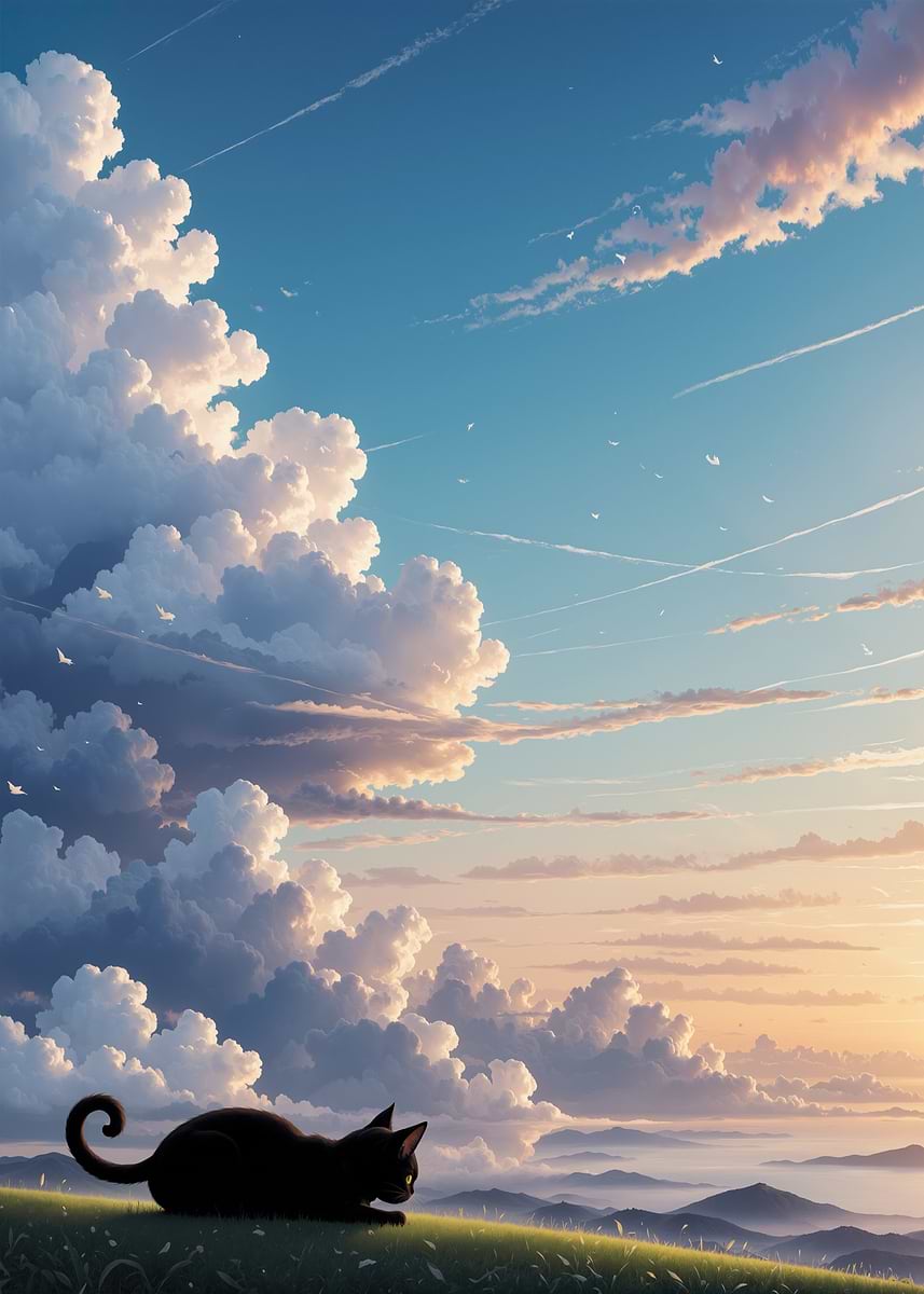 'A Cat on Hill, Cloudy Sky' Poster, picture, metal print, paint by ...