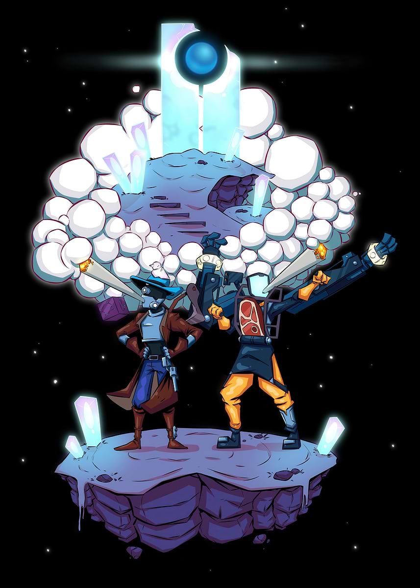 'Stylized Sci-Fi Characters on Floating Island' Poster, picture, metal ...