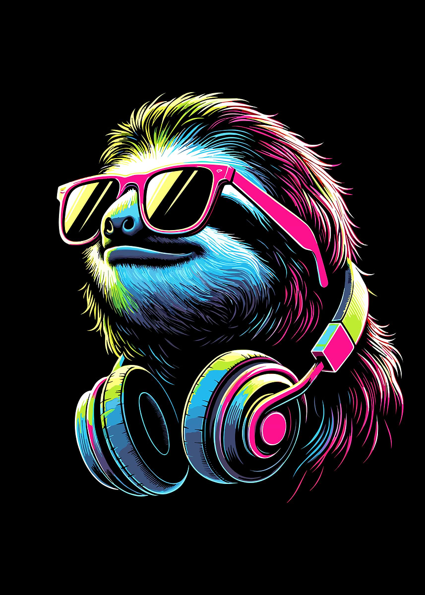 'Cool Sloth with Headphones and Sunglasses' Poster, picture, metal ...