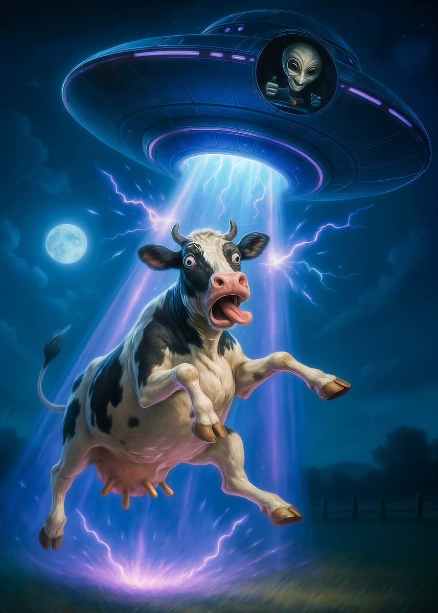 'UFO Abducting Cow With Alien Pilot at Night' Poster, picture, metal ...