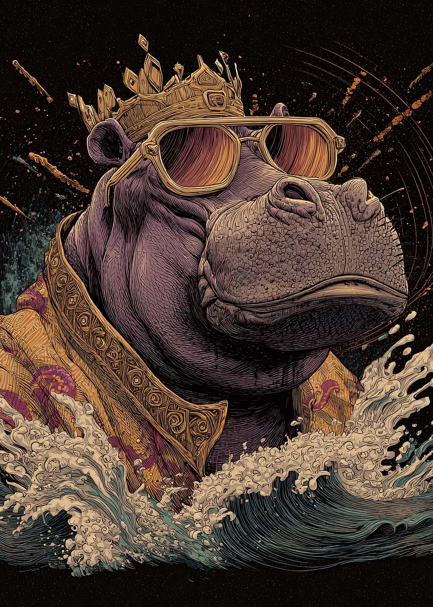Hippo King in Waves' Poster, picture, metal print, paint by boubos