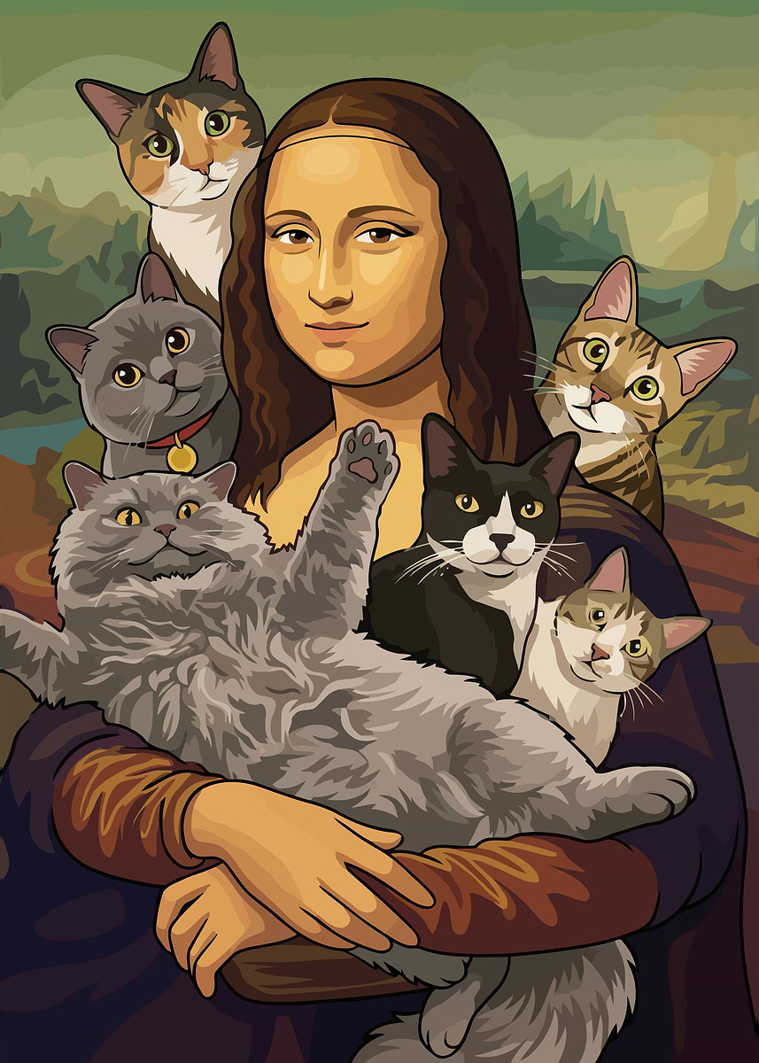 Mona Lisa with Cats Parody' Poster, picture, metal print, paint by