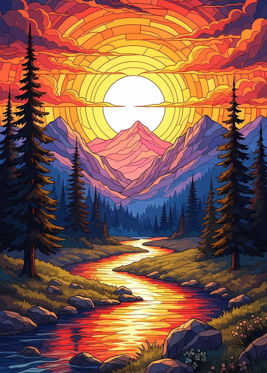 Mountain River Sunset Stained Glass' Poster, picture, metal print