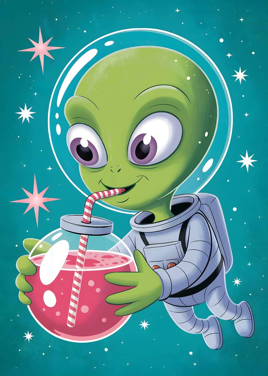 'Cartoon Alien Astronaut Drinking Juice' Poster, picture, metal print ...