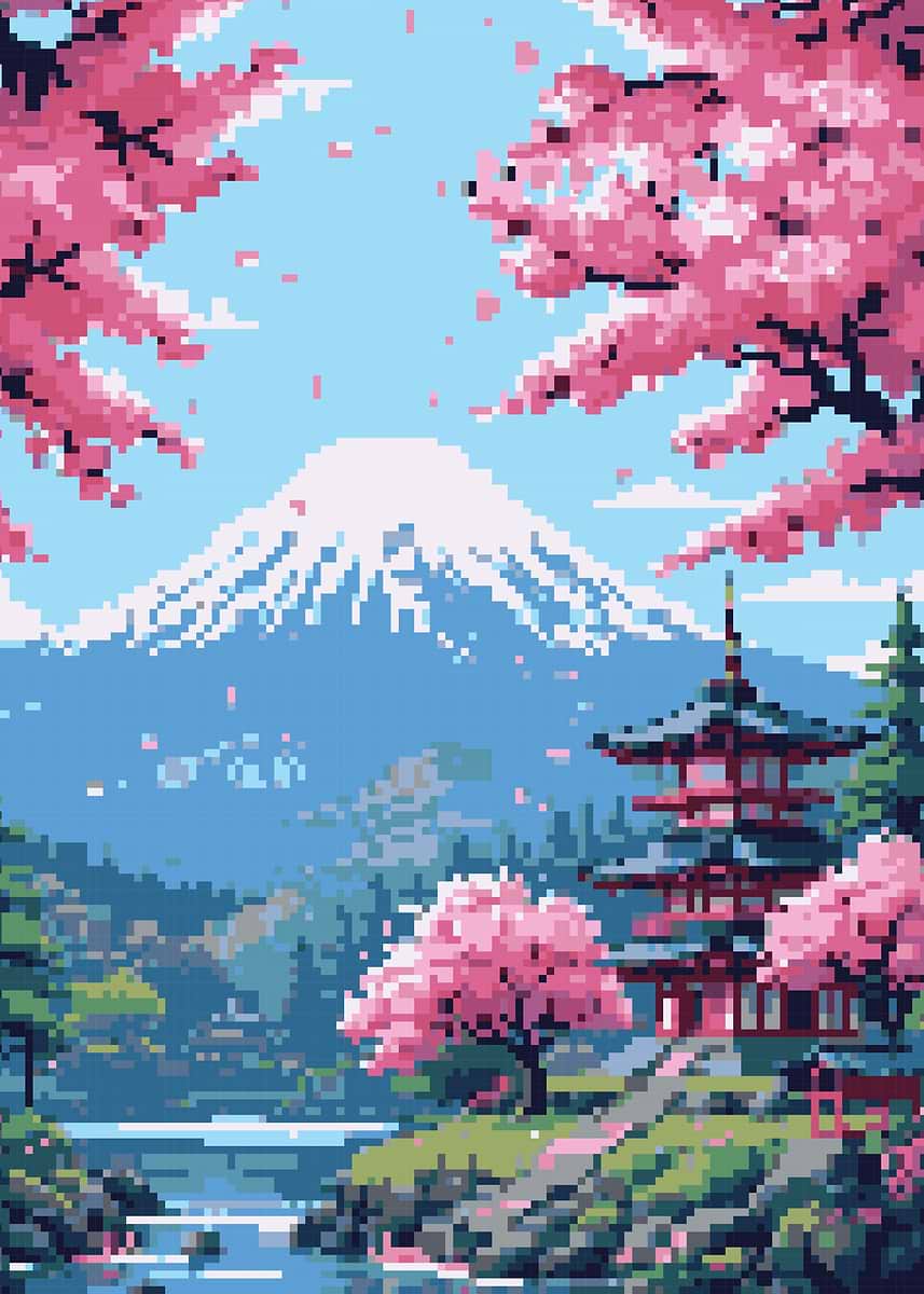 Japan mount fuji Pixel art' Poster, picture, metal print, paint by