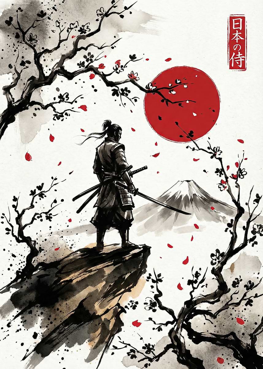 Samurai Rising Sun 'Samurai on Cliff with Rising Sun' Poster, picture, metal print, paint ...