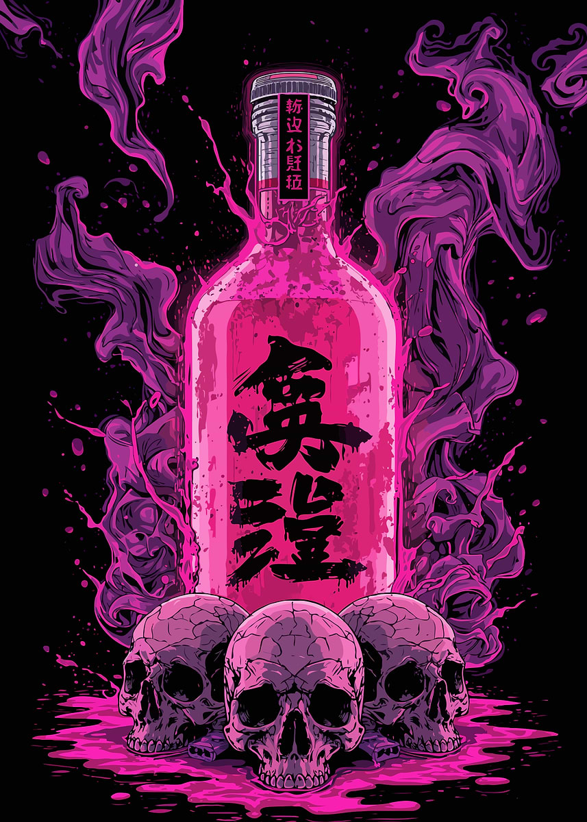 Pink Poison Bottle with Skulls' Poster, picture, metal print
