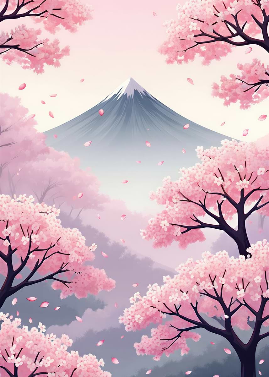 Cherry Blossoms and Mountain Landscape' Poster, picture, metal