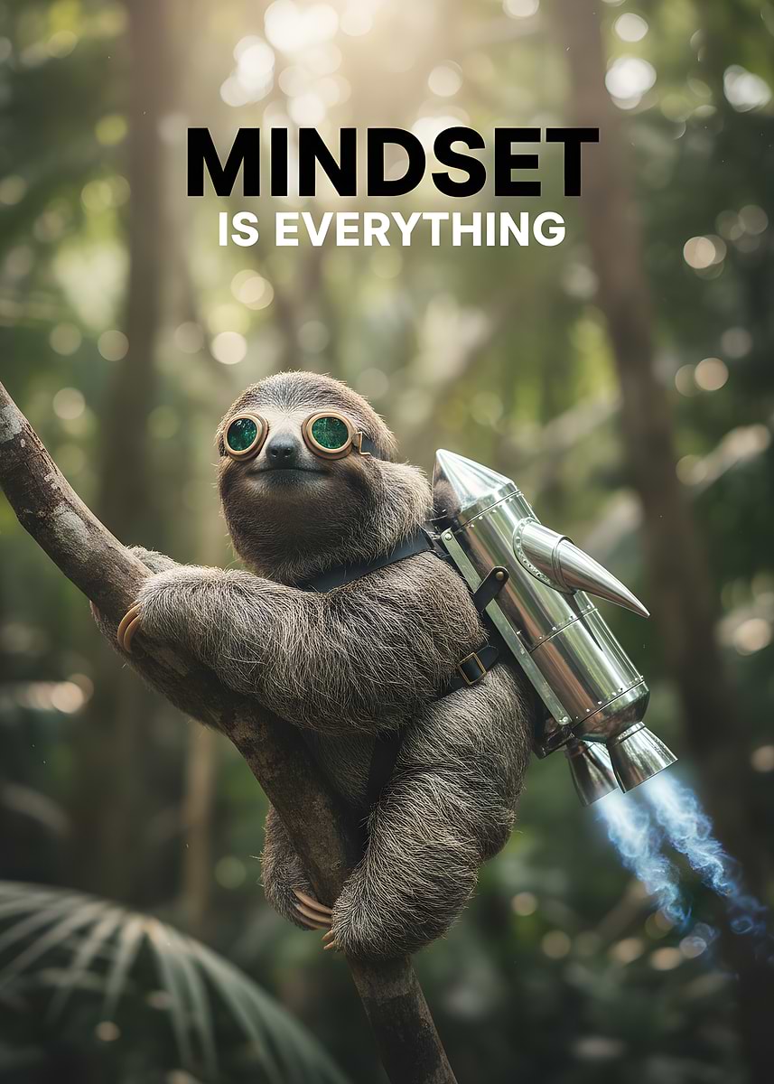 'Sloth with Rocket Pack: Mindset is Everything' Poster, picture, metal ...