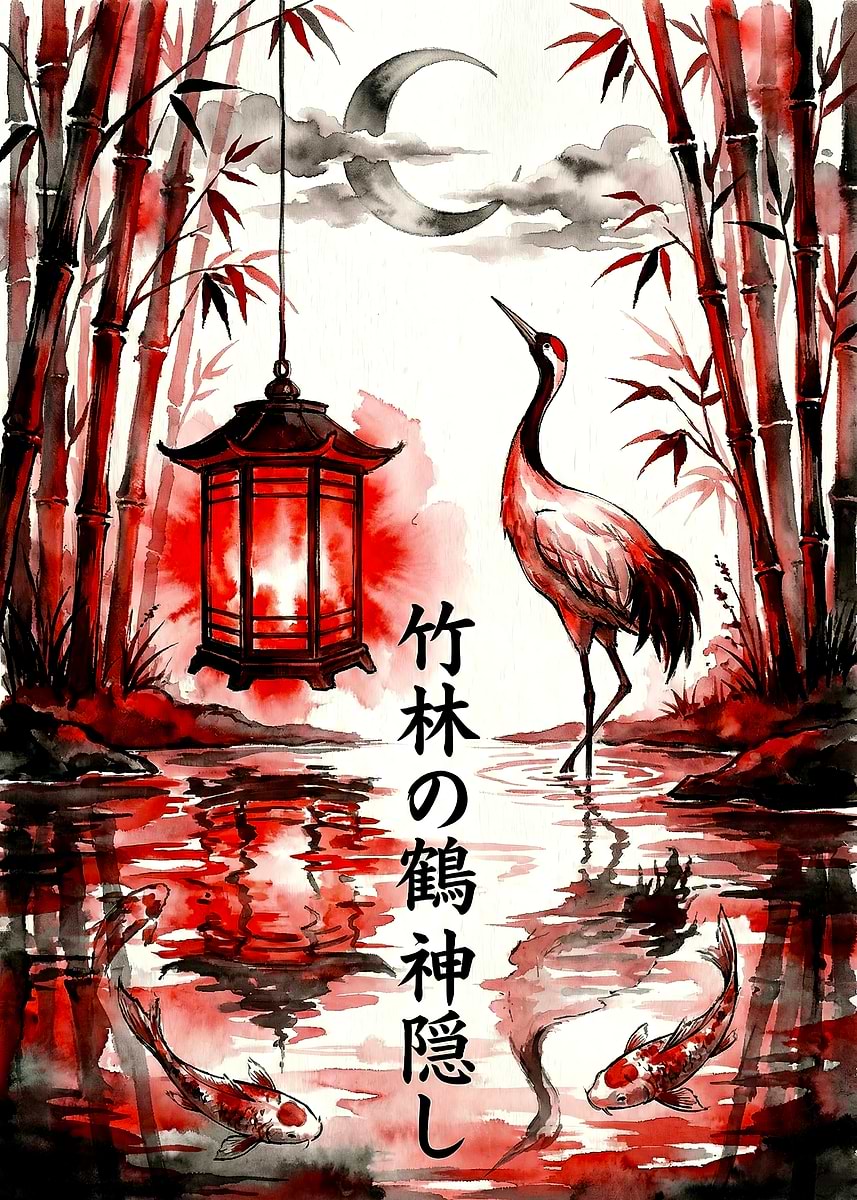 Japanese Crane and Koi Pond Painting' Poster, picture, metal print