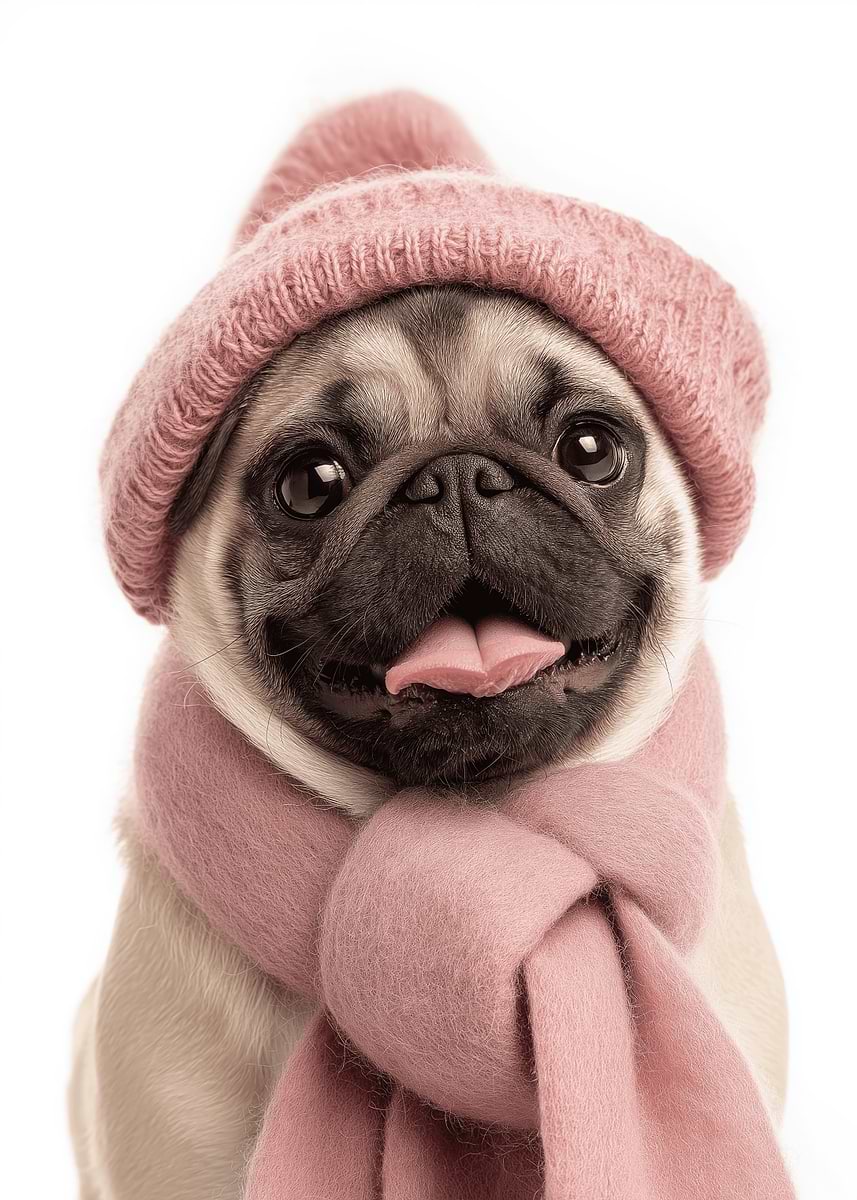 'Cozy Pug with Hat and Scarf' Poster, picture, metal print, paint by ...