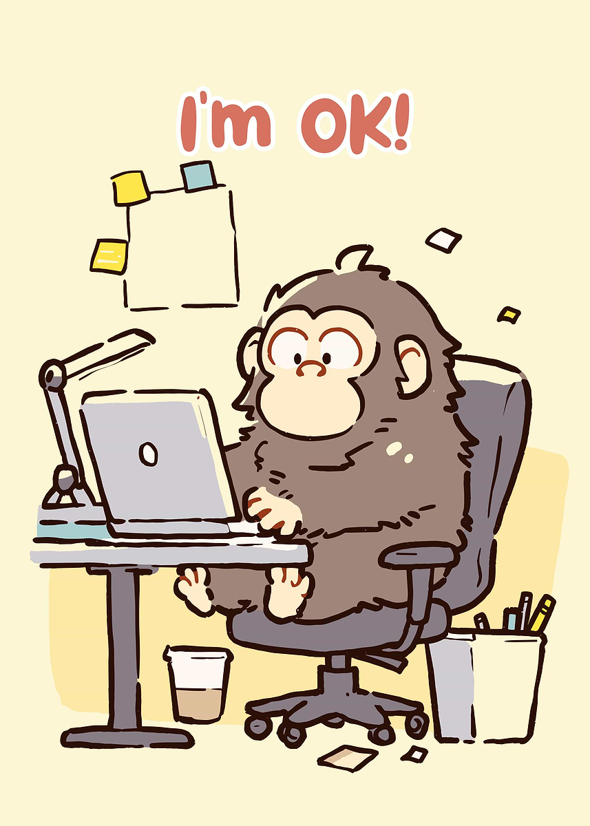 'Cartoon Ape Working on Laptop' Poster, picture, metal print, paint by ...