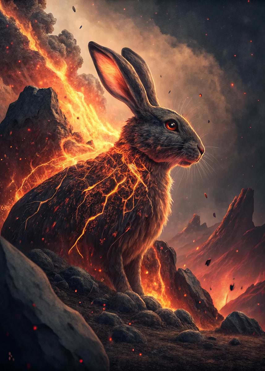 'Fiery Rabbit in Volcanic Landscape' Poster, picture, metal print ...