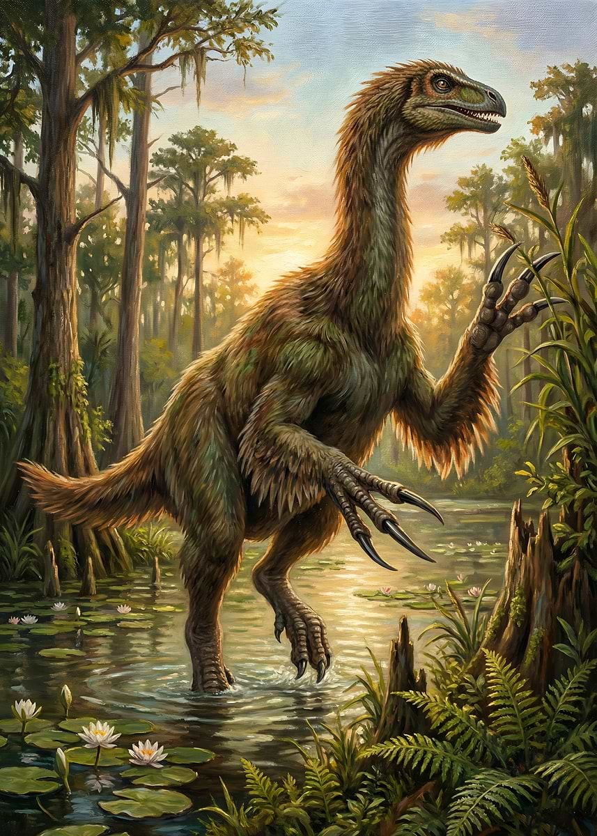 Therizinosaurus in Swamp' Poster, picture, metal print, paint by