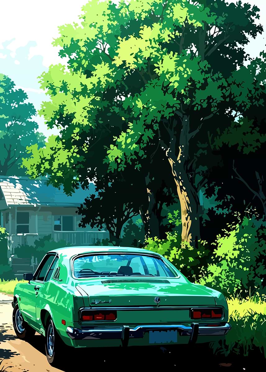 'Green Car in a Rural Setting' Poster, picture, metal print, paint by ...