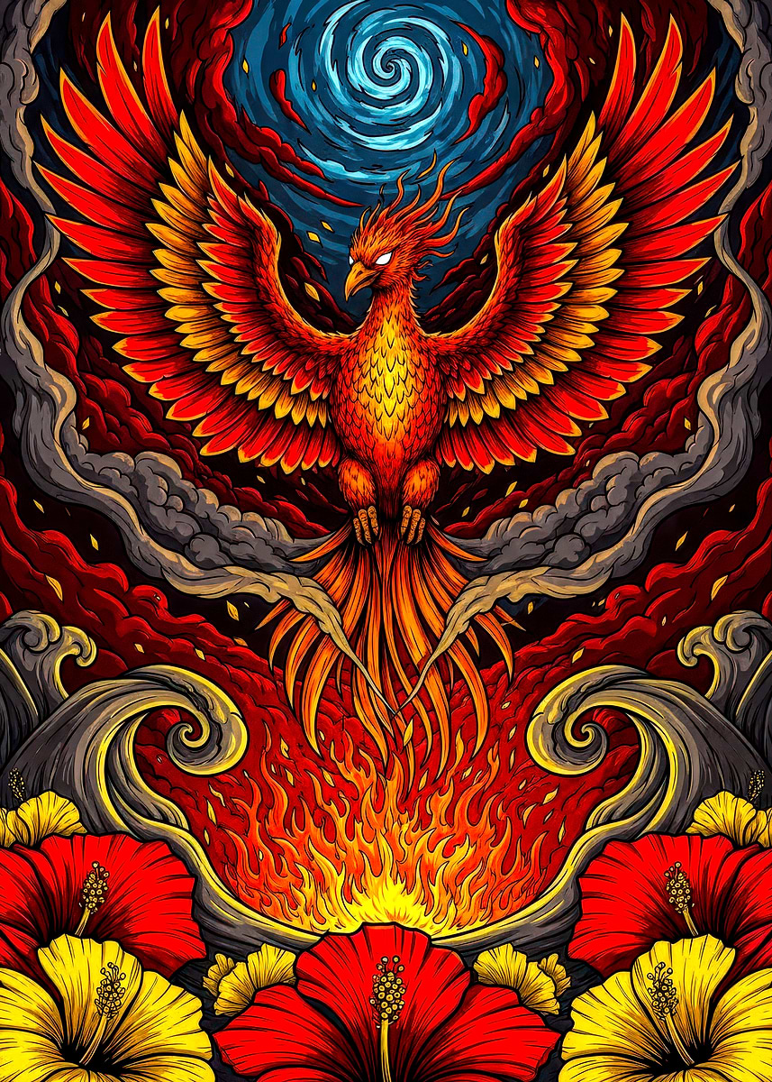 'Fiery Phoenix Rising Illustration' Poster, picture, metal print, paint ...
