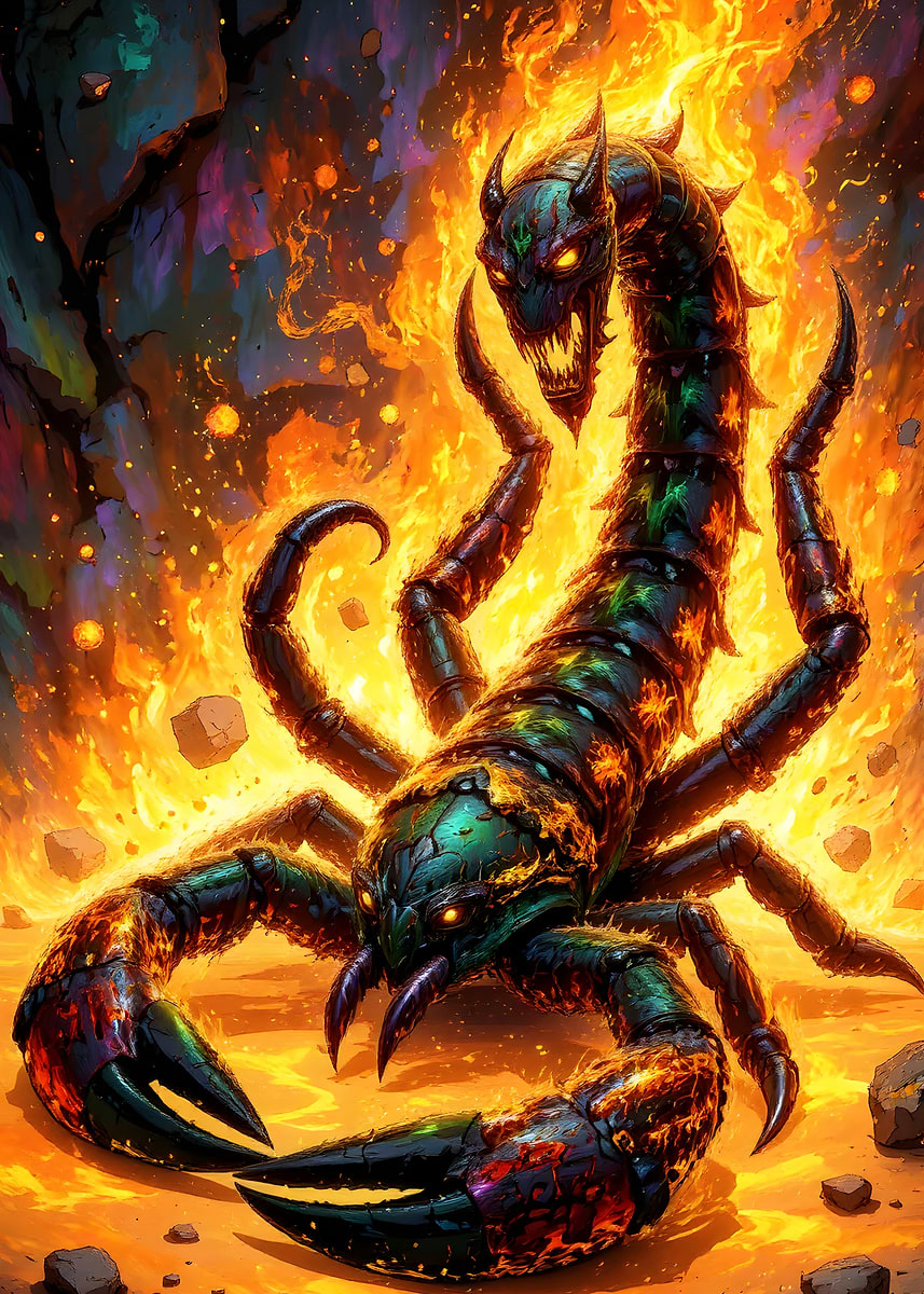 Fiery Demon Scorpion Poster, Picture & Metal Print – Mythical