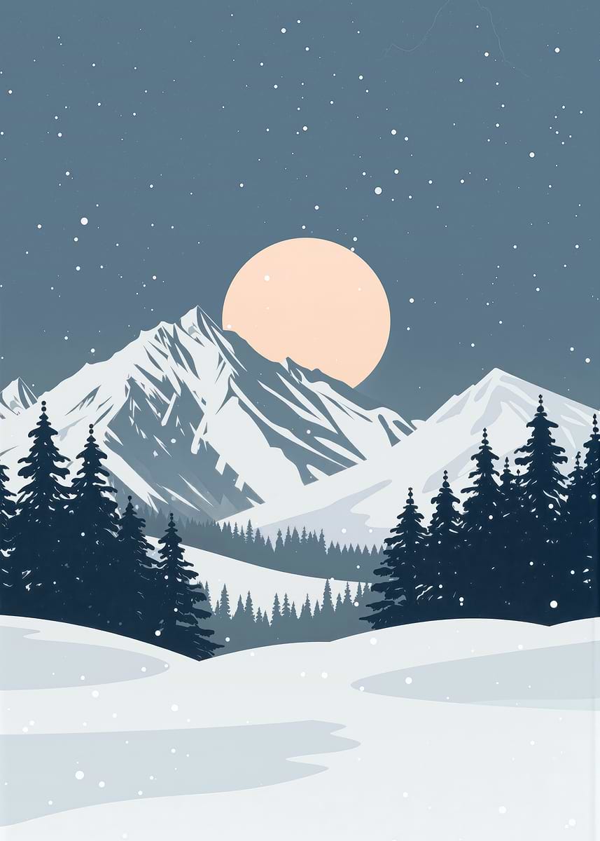 Winter Mountain Landscape with Moon' Poster, picture, metal print
