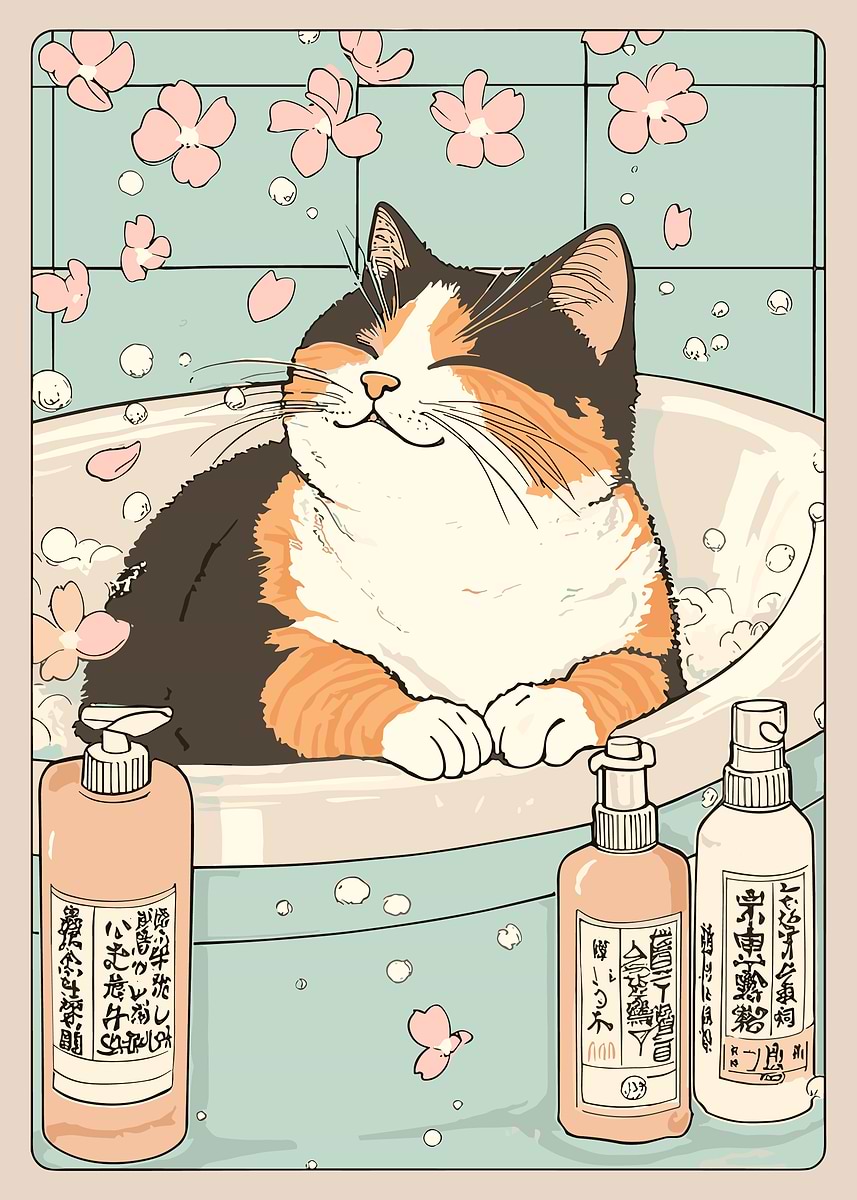 'Calico Cat Bubble Bath Poster, Cute Japanese Cherry Blossom Wall Art ...