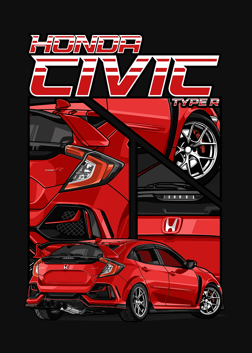 'Red Honda Civic Type R Illustration' Poster, picture, metal print ...