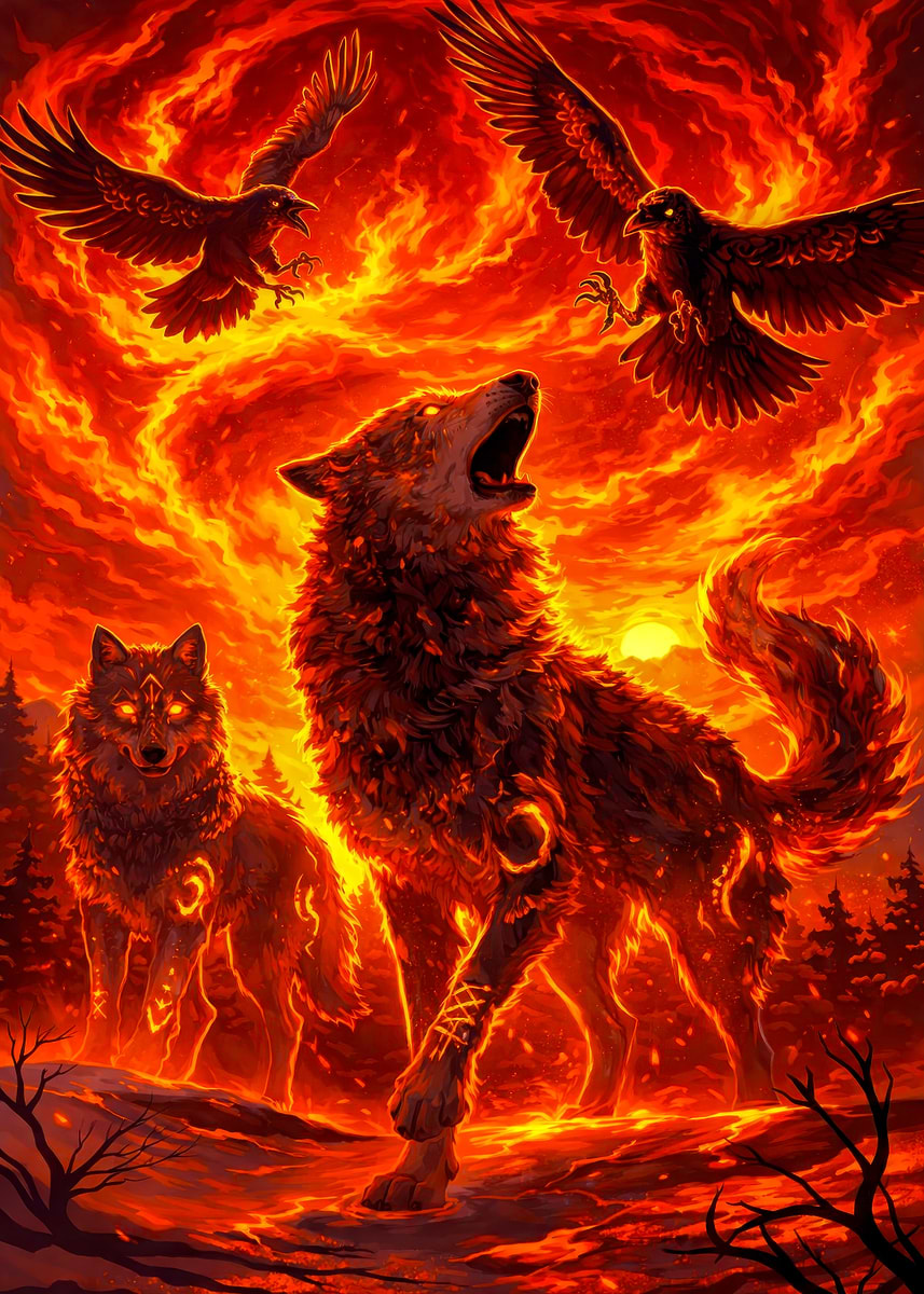 'Fiery Wolves and Ravens Illustration' Poster, picture, metal print ...