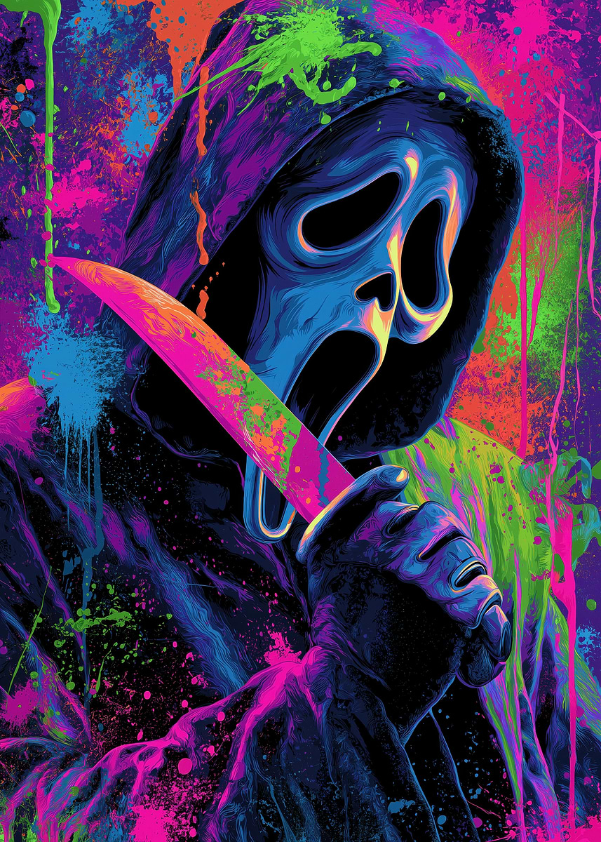 Ghostface with Knife Neon Splatter' Poster, picture, metal print