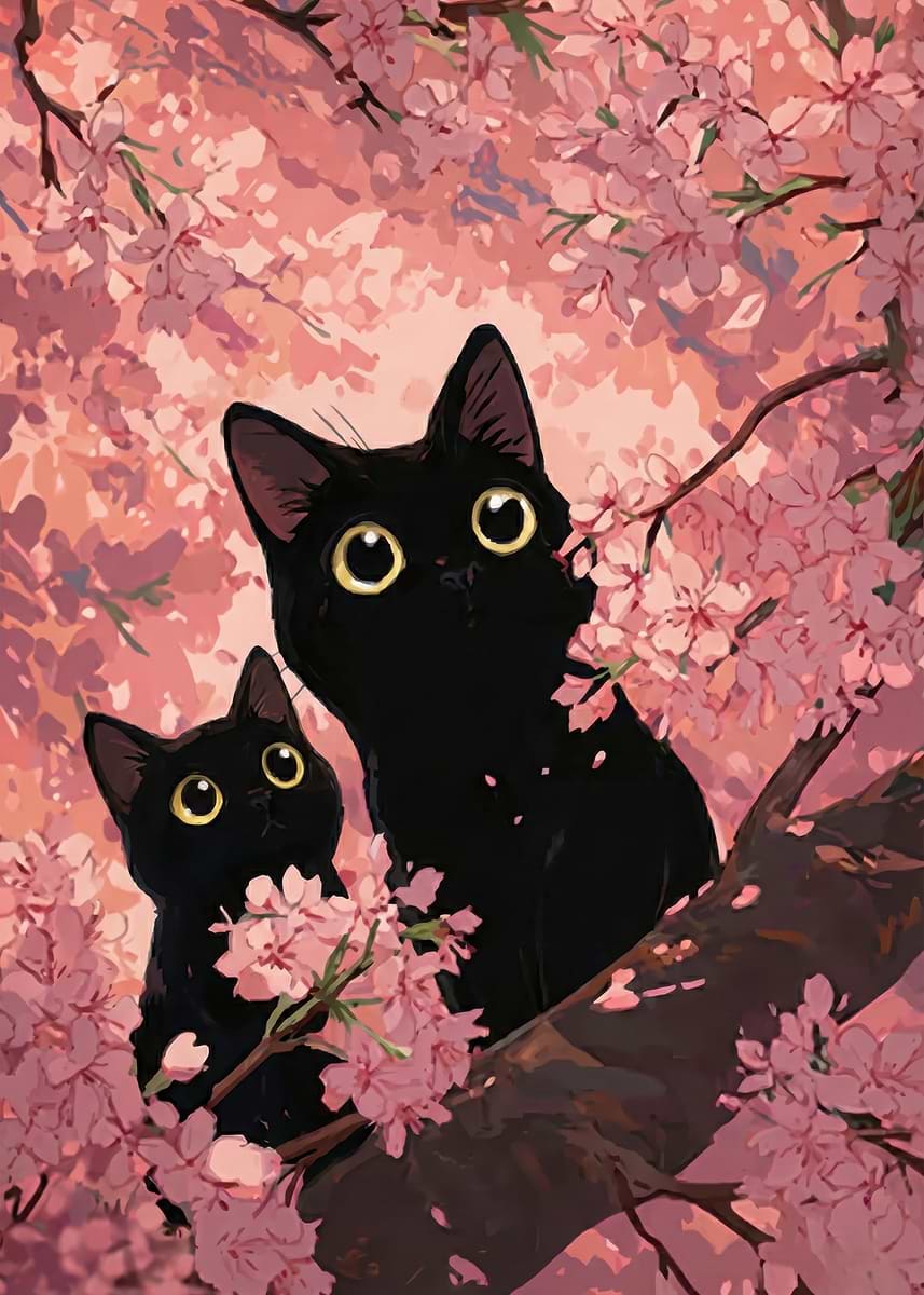 Black Cats in Cherry Blossoms' Poster, picture, metal print, paint