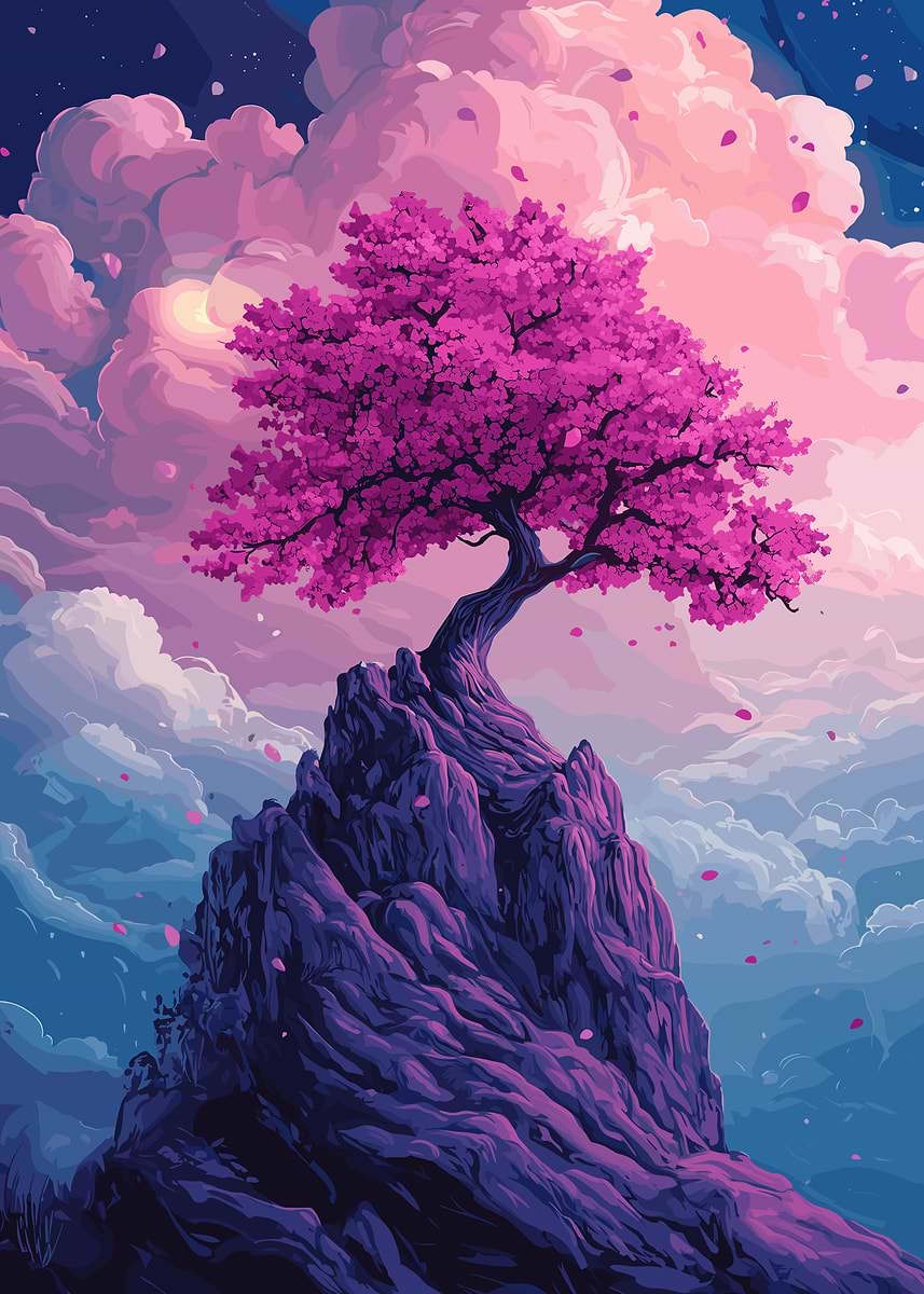 Cherry Blossom Tree on Mountain Peak' Poster, picture, metal print