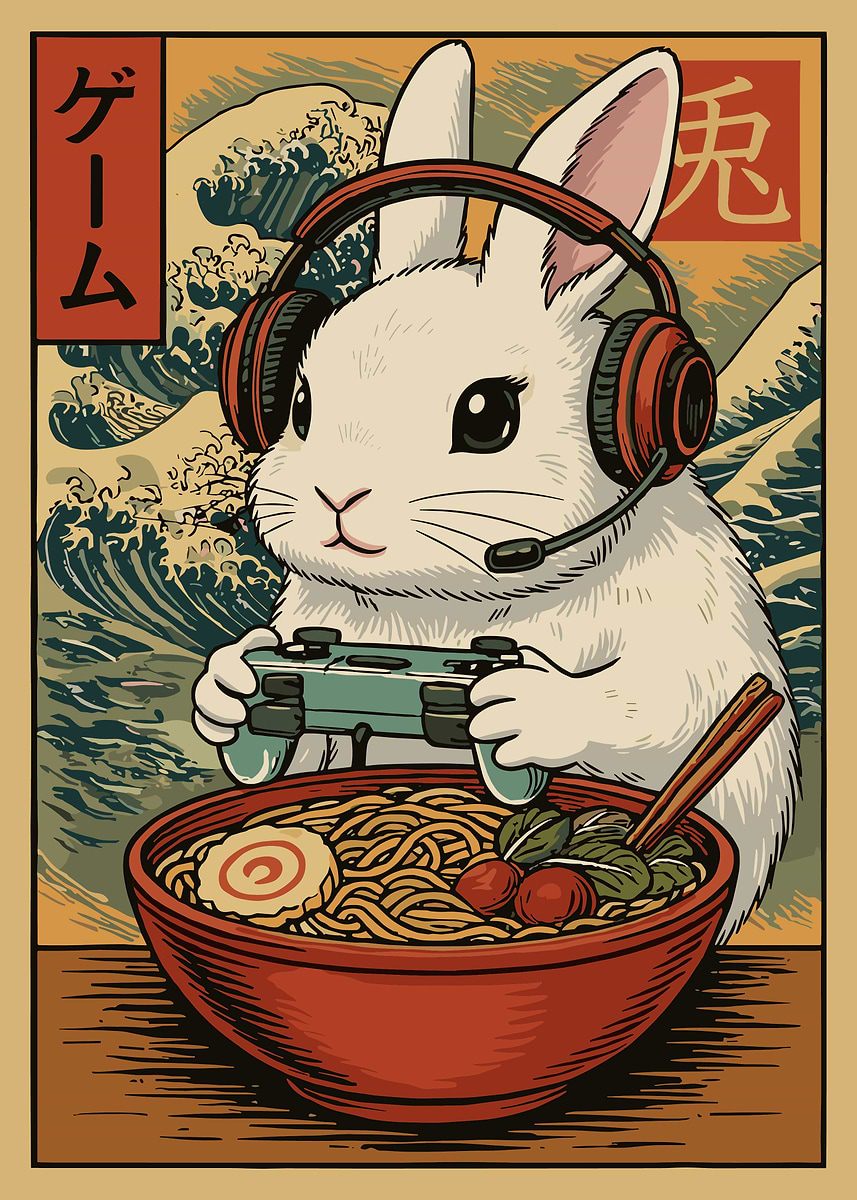 'Gaming Rabbit Ramen Poster, Japanese Gamer Wall Art, Retro Anime Style ...