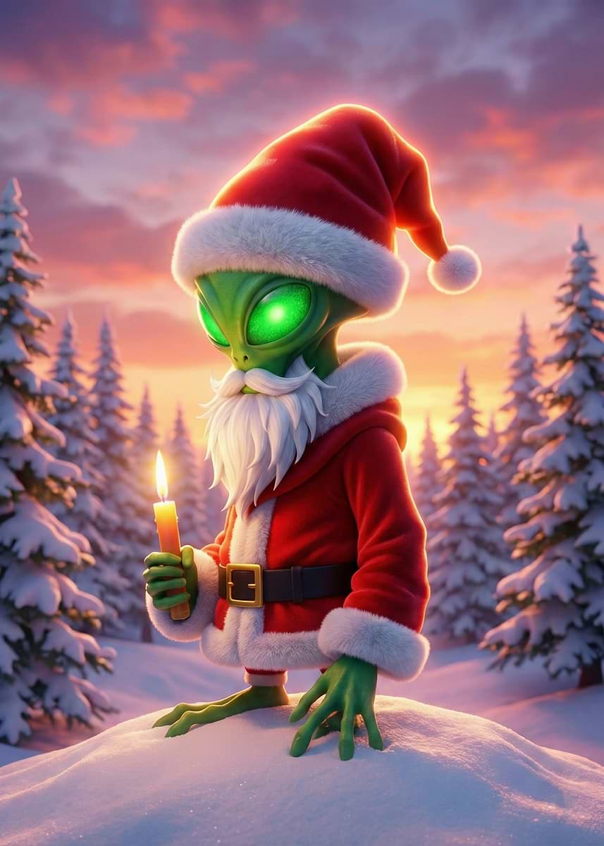 Alien Santa 'Alien Santa with Candle in Winter' Poster, picture, metal print, paint ...