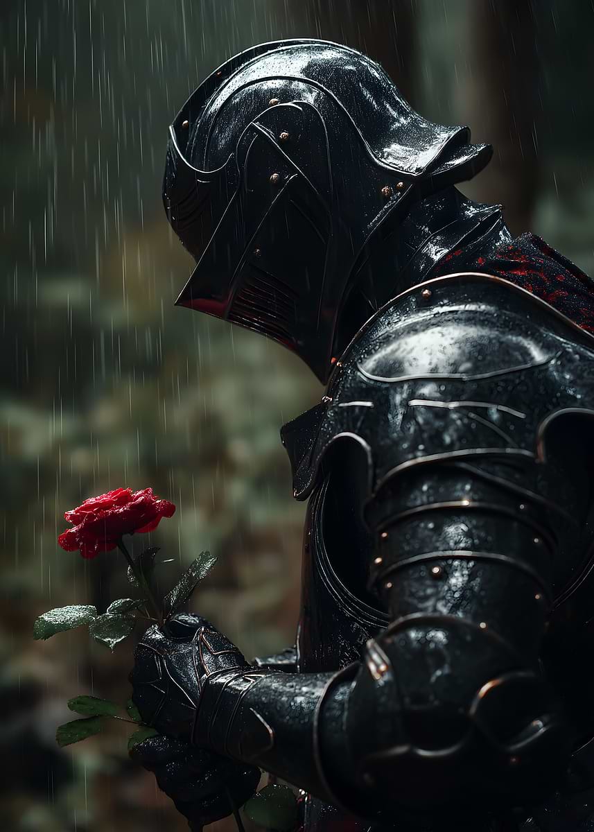 'Knight in Rain with Red Rose' Poster, picture, metal print, paint by ...