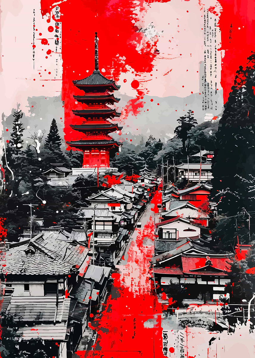 Red Japanese and Townscape Art' Poster, picture, metal print