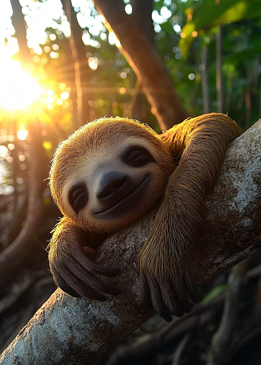 Sloth Smirk 'Smiling Sloth on Branch in Sunlight' Poster, picture, metal print ...