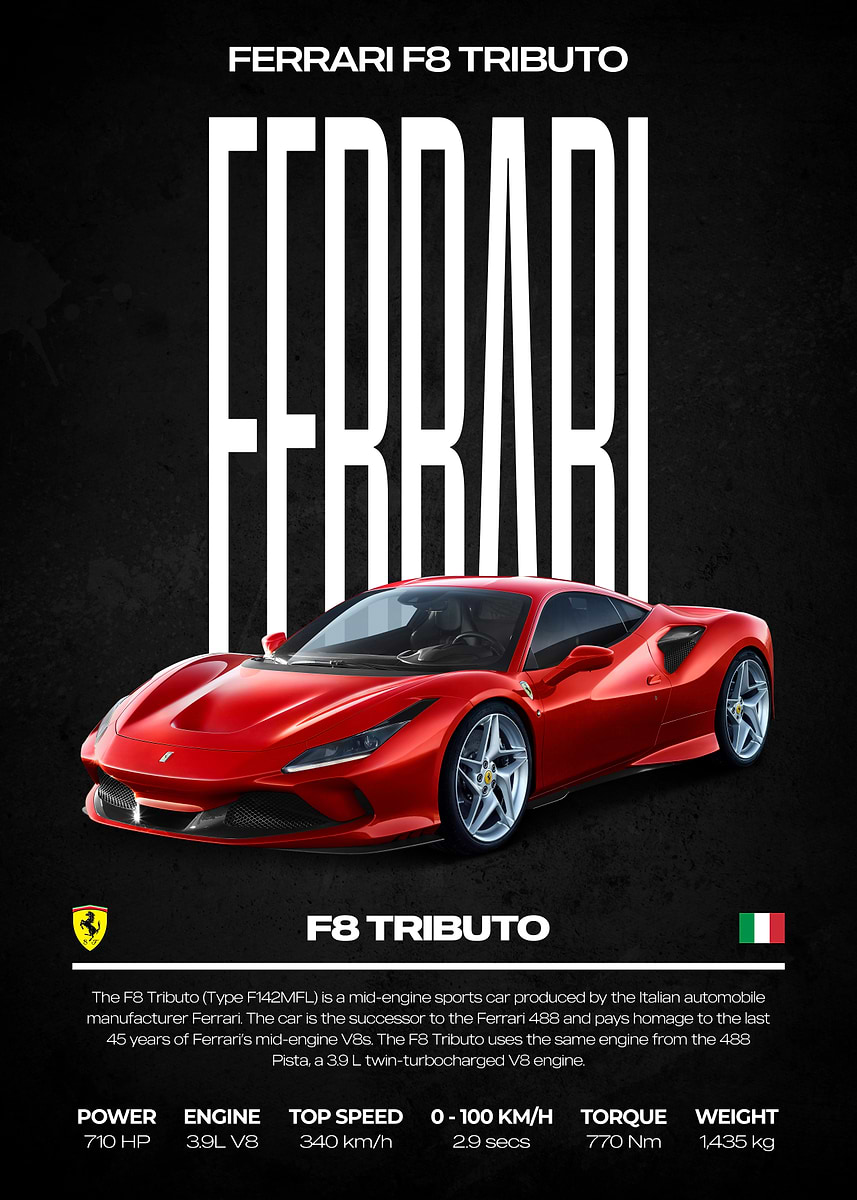 Ferrari F8 Tributo Red Car' Poster, picture, metal print, paint by