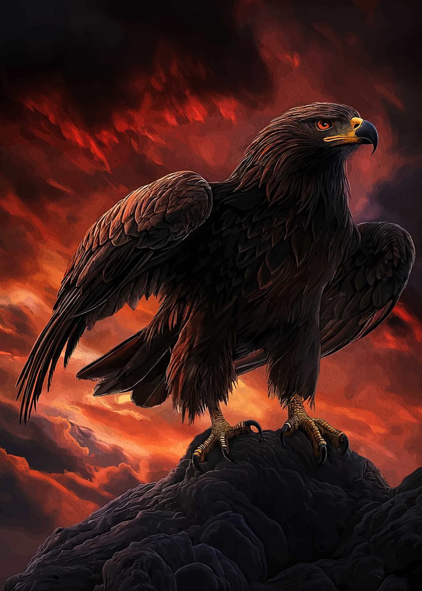 Eagle on Rock with Fiery Sky' Poster, picture, metal print, paint