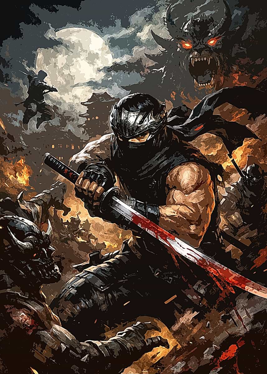 Ninja Warrior Battle Scene' Poster, picture, metal print, paint by