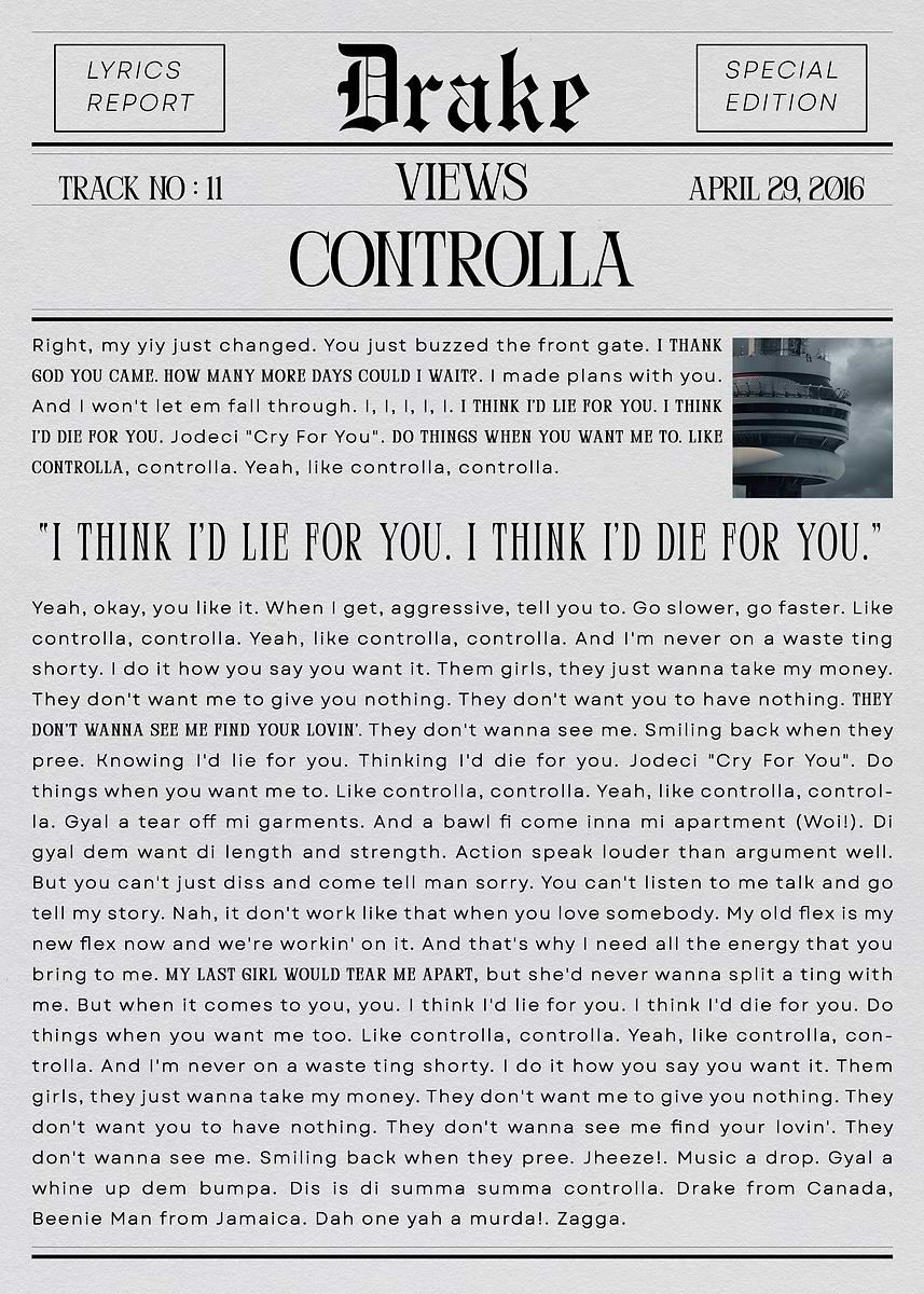 'Drake Views Controlla Lyrics Report' Poster, picture, metal print ...