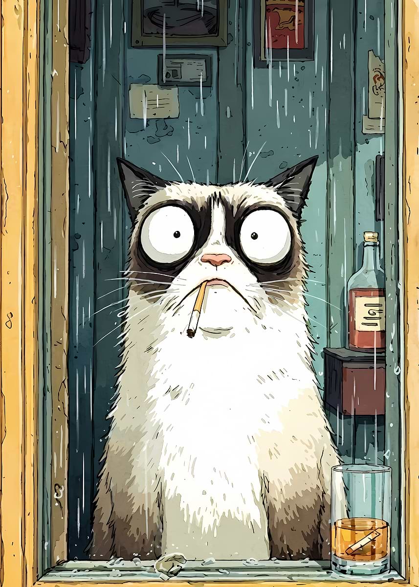 'Grumpy Cat in the Rain' Poster, picture, metal print, paint by ...
